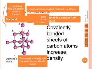 A hexagonal
    ring of 6 carbon       Each carbon is covalently bonded to 4 others.
E




                                                                            Prepared by JGL
        atoms is
    XCEPTIONS          TO THIS INCLUDE
        formed.




                                                                                  8/21/2009
                           Each hexagonal  Graphite is a solid at RTP
Diamond                    ring is joined to
                                           because
                             form a sheet
             1
                       1

     4             2
                                       Covalently
                                       bonded
            3
                                       sheets of
                                       carbon atoms
                                       increase
            Each sheet is loosely held density
Diamond is made up of carbon
                                                                           210
atoms .      by weak Van der Waa;ls
                           forces
 