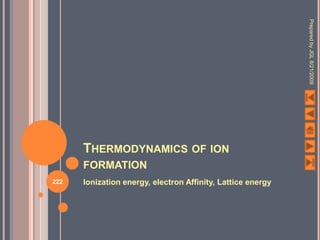 Prepared by JGL 8/21/2009
      THERMODYNAMICS OF ION
      FORMATION
222   Ionization energy, electron Affinity, Lattice energy
 