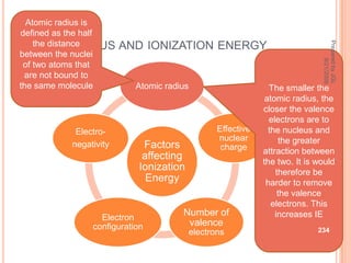 Atomic radius is
defined as the half
A




                                                                           Prepared by JGL
    the distance
   TOMIC RADIUS        AND IONIZATION ENERGY
between the nuclei




                                                                                 8/21/2009
 of two atoms that
 are not bound to
the same molecule         Atomic radius                      The smaller the
                                                            atomic radius, the
                                                           closer the valence
                                                             electrons are to
           Electro-                            Effective     the nucleus and
                                               nuclear           the greater
          negativity        Factors             charge     attraction between
                            affecting
                                                           the two. It is would
                           Ionization                          therefore be
                             Energy                         harder to remove
                                                                the valence
                                                              electrons. This
                 Electron
                                     Number of                 increases IE
               configuration          valence
                                        electrons                         234
 