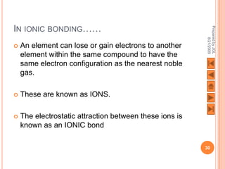 IN IONIC BONDING……




                                                         Prepared by JGL
                                                               8/21/2009
   An element can lose or gain electrons to another
    element within the same compound to have the
    same electron configuration as the nearest noble
    gas.

   These are known as IONS.

   The electrostatic attraction between these ions is
    known as an IONIC bond

                                                         30
 