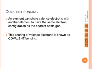 COVALENT BONDING




                                                    Prepared by JGL
                                                          8/21/2009
   An element can share valence electrons with
    another element to have the same electron
    configuration as the nearest noble gas.

   This sharing of valence electrons is known as
    COVALENT bonding.




                                                    33
 