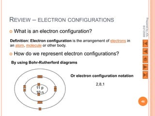 REVIEW – ELECTRON CONFIGURATIONS




                                                                        Prepared by JGL
                                                                              8/21/2009
   What is an electron configuration?
Definition: Electron configuration is the arrangement of electrons in
an atom, molecule or other body.

   How do we represent electron configurations?
By using Bohr-Rutherford diagrams


                                  Or electron configuration notation

                                                 2,8,1
               11 p
               10 n

                                                                        46
 