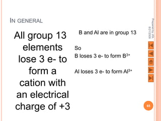 IN GENERAL




                                              Prepared by JGL
                                                    8/21/2009
                  B and Al are in group 13
 All group 13
    elements     So
                 B loses 3 e- to form B3+
  lose 3 e- to
     form a      Al loses 3 e- to form Al3+

   cation with
 an electrical
 charge of +3                                 65
 