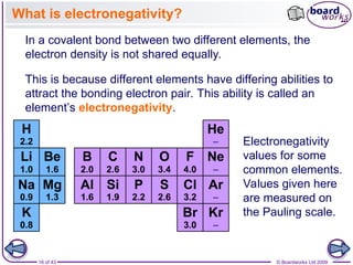 16 of 43 © Boardworks Ltd 2009
Electronegativity
values for some
common elements.
Values given here
are measured on
the Pauling scale.
In a covalent bond between two different elements, the
electron density is not shared equally.
This is because different elements have differing abilities to
attract the bonding electron pair. This ability is called an
element’s electronegativity.
What is electronegativity?
 