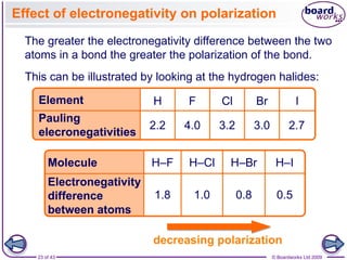 23 of 43 © Boardworks Ltd 2009
Effect of electronegativity on polarization
The greater the electronegativity difference between the two
atoms in a bond the greater the polarization of the bond.
decreasing polarization
This can be illustrated by looking at the hydrogen halides:
H F Cl Br I
Molecule
Electronegativity
difference
between atoms
H–F H–Cl H–Br H–I
1.8 1.0 0.8 0.5
Pauling
elecronegativities
Element
2.2 4.0 3.2 3.0 2.7
 