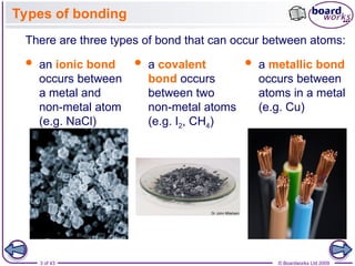 3 of 43 © Boardworks Ltd 2009
Types of bonding
 an ionic bond
occurs between
a metal and
non-metal atom
(e.g. NaCl)
 a covalent
bond occurs
between two
non-metal atoms
(e.g. I2, CH4)
 a metallic bond
occurs between
atoms in a metal
(e.g. Cu)
There are three types of bond that can occur between atoms:
 