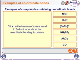 9 of 43 © Boardworks Ltd 2009
Examples of co-ordinate bonds
 