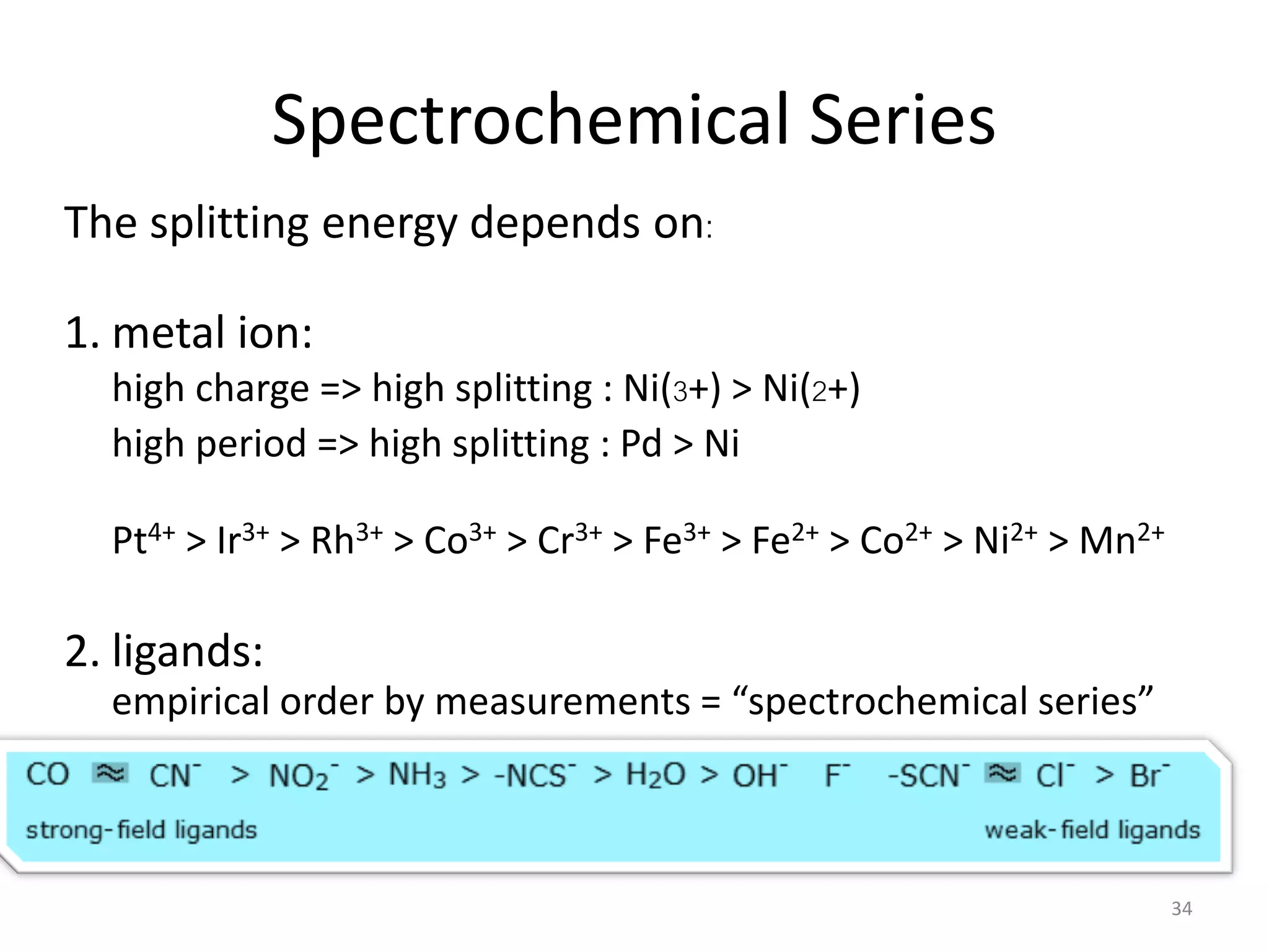 Spectrochemical Series
34
The splitting energy depends on:
1. metal ion:
high charge => high splitting : Ni(3+) > Ni(2+)
high period => high splitting : Pd > Ni
Pt4+ > Ir3+ > Rh3+ > Co3+ > Cr3+ > Fe3+ > Fe2+ > Co2+ > Ni2+ > Mn2+
2. ligands:
empirical order by measurements = “spectrochemical series”
 