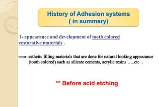 History of Adhesion systems
( in summary)
** Before acid etching
 