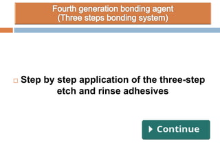  Step by step application of the three-step
etch and rinse adhesives
 