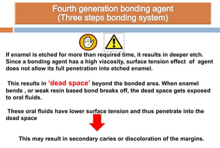 If enamel is etched for more than required time, it results in deeper etch.
Since a bonding agent has a high viscosity, surface tension effect of agent
does not allow its full penetration into etched enamel.
This results in ‘dead space’ beyond the bonded area. When enamel
bends , or weak resin based bond breaks off, the dead space gets exposed
to oral fluids.
These oral fluids have lower surface tension and thus penetrate into the
dead space
This may result in secondary caries or discoloration of the margins.
 