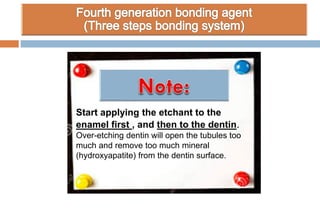 Start applying the etchant to the
enamel first , and then to the dentin.
Over-etching dentin will open the tubules too
much and remove too much mineral
(hydroxyapatite) from the dentin surface.
 