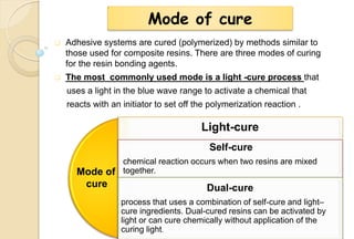 Mode of cure
 Adhesive systems are cured (polymerized) by methods similar to
those used for composite resins. There are three modes of curing
for the resin bonding agents.
 The most commonly used mode is a light -cure process that
uses a light in the blue wave range to activate a chemical that
reacts with an initiator to set off the polymerization reaction .
Light-cure
Mode of
cure
Self-cure
chemical reaction occurs when two resins are mixed
together.
Dual-cure
process that uses a combination of self-cure and light–
cure ingredients. Dual-cured resins can be activated by
light or can cure chemically without application of the
curing light.
 
