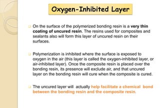  On the surface of the polymerized bonding resin is a very thin
coating of uncured resin. The resins used for composites and
sealants also will form this layer of uncured resin on their
surfaces.
 Polymerization is inhibited where the surface is exposed to
oxygen in the air (this layer is called the oxygen-inhibited layer, or
air-inhibited layer). Once the composite resin is placed over the
bonding resin, its presence will exclude air, and that uncured
layer on the bonding resin will cure when the composite is cured.
 The uncured layer will actually help facilitate a chemical bond
between the bonding resin and the composite resin.
Oxygen-Inhibited Layer
 
