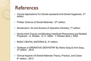 References
 Clinical Applications For Dental assistants And Dental Hygienists ,3rd
edition
 Phillips’ Science of Dental Materials, 12th edition.
 Sturdevant’s Art and Science of Operative Dentistry, 7th edition.
 Dental Hard Tissues and Bonding Interfacial Phenomena and Related
Properties , G. Eliades , D. C. Watts · T, Eliades (Eds.), 2005.
 BASIC DENTAL MATERIALS, 3rd edition.
 Textbook of OPERATIVE DENTISTRY By Nisha Garg & Amit Garg ,
3rd edition , 2015.
 Clinical Aspects Of Dental Materials Theory, Practice, and Cases
4th edition , 2013
 