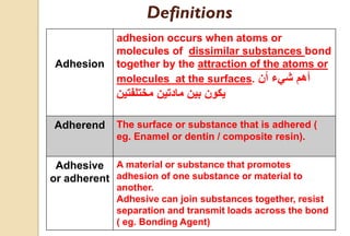 Adhesion
adhesion occurs when atoms or
molecules of dissimilar substances bond
together by the attraction of the atoms or
molecules at the surfaces. ‫أن‬ ‫شيء‬ ‫أهم‬
‫مختلفتين‬ ‫مادتين‬ ‫بين‬ ‫يكون‬
Adherend The surface or substance that is adhered (
eg. Enamel or dentin / composite resin).
Adhesive
or adherent
A material or substance that promotes
adhesion of one substance or material to
another.
Adhesive can join substances together, resist
separation and transmit loads across the bond
( eg. Bonding Agent)
Definitions
 