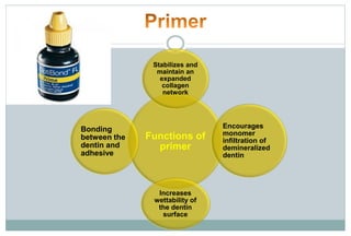 Functions of
primer
Stabilizes and
maintain an
expanded
collagen
network
Encourages
monomer
infiltration of
demineralized
dentin
Increases
wettability of
the dentin
surface
Bonding
between the
dentin and
adhesive
 