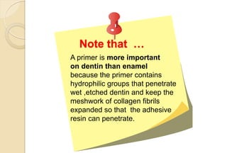A primer is more important
on dentin than enamel
because the primer contains
hydrophilic groups that penetrate
wet ,etched dentin and keep the
meshwork of collagen fibrils
expanded so that the adhesive
resin can penetrate.
Note that …
 