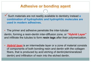 Such materials are not readily available to dentistry instead a
combination of hydrophobic and hydrophilic molecules are
used in modern adhesives.
 The primer and adhesive penetrate the inter-tubular
dentin, forming a resin-dentin inter-diffusion zone, or “Hybrid Layer”
and infiltrate the tubules to form resin tags after their polymerization.
 Hybrid layer is an intermediate layer or a zone of material consists
of components of both bonding resin and dentin with the collagen
fibers, that is produced by acid etching of dentin(demineralized
dentin) and infiltration of resin into the etched dentin.
 