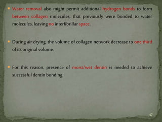  Water removal also might permit additional hydrogen bonds to form
between collagen molecules, that previously were bonded to water
molecules, leaving no interfibrillar space.
 During air drying, the volume of collagen network decrease to one third
of its original volume.
 For this reason, presence of moist/wet dentin is needed to achieve
successfuldentin bonding.
47
 