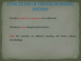 1. Provides resistance to separation of an adherend.
2. Distributes stress along bonded interface.
3. Seals the interface via adhesive bonding and hence reduces
microleakage.
5
 