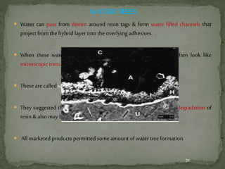 WATERTREES
 Water can pass from dentin around resin tags & form water filled channels that
project from the hybrid layer into the overlying adhesives.
 When these water filled channels are stained with silver, they often look like
microscopic trees.
 These arecalled water trees by Tay & Pashley.
 They suggested that they might act as potential sites for hydrolytic degradation of
resin &also may bethe causeof nanoleakage.
 All marketed products permitted someamount of water tree formation.
71
 
