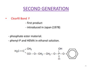 SECOND GENERATION
• Clearfil Bond F
- first product
- introduced in Japan (1978)
- phosphate ester material.
- phenyl-P and HEMA in ethanol solution.
25
 