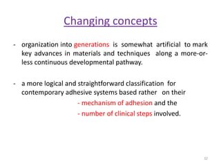 Changing concepts
- organization into generations is somewhat artificial to mark
key advances in materials and techniques along a more-or-
less continuous developmental pathway.
- a more logical and straightforward classification for
contemporary adhesive systems based rather on their
- mechanism of adhesion and the
- number of clinical steps involved.
32
 