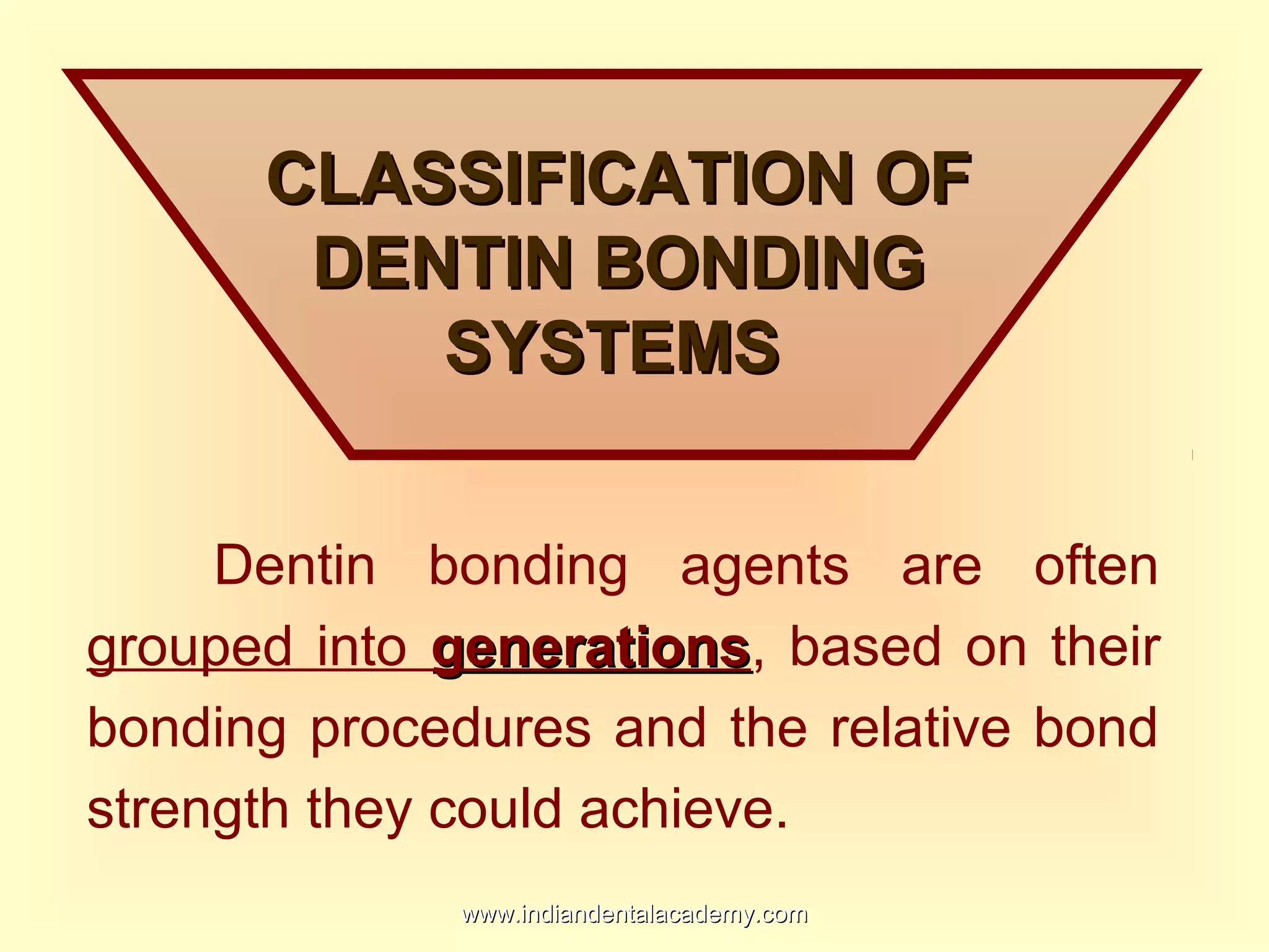 CLASSIFICATION OFCLASSIFICATION OF
DENTIN BONDINGDENTIN BONDING
SYSTEMSSYSTEMS
Dentin bonding agents are often
grouped into generationsgenerations, based on their
bonding procedures and the relative bond
strength they could achieve.
www.indiandentalacademy.comwww.indiandentalacademy.com
 