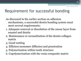Requirement for successful bonding
As discussed in the earlier section on adhesion
mechanisms, a successful dentin bonding system must
meet several requirements:
1. Adequate removal or dissolution of the smear layer from
enamel and dentin
2. Maintenance or reconstitution of the dentin collagen
matrix
3. Good wetting
4. Efficient monomer diffusion and penetration
5. Polymerization within tooth structure
6. Copolymerization with the resin composite matrix
15
drarifur_rahman@yahoo.com
 