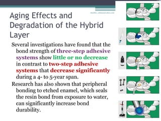 Aging Effects and
Degradation of the Hybrid
Layer
Several investigations have found that the
bond strength of three-step adhesive
systems show little or no decrease
in contrast to two-step adhesive
systems that decrease significantly
during a 4- to 5-year span.
Research has also shown that peripheral
bonding to etched enamel, which seals
the resin bond from exposure to water,
can significantly increase bond
durability.
27
drarifur_rahman@yahoo.com
 