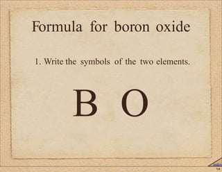 14 
Formula for boron oxide 
1. Write the symbols of the two elements. 
B O 
index 
 