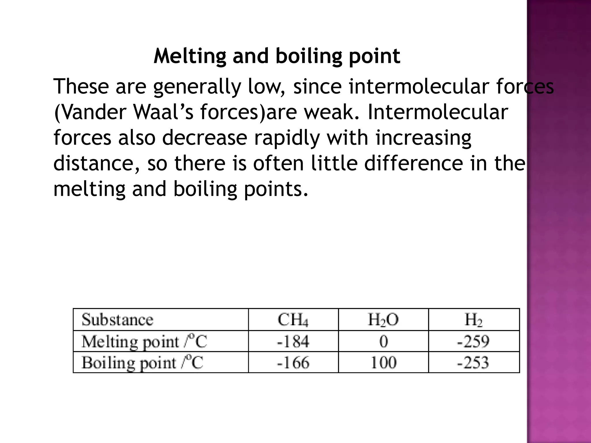 Melting and boiling point
These are generally low, since intermolecular forces
(Vander Waal’s forces)are weak. Intermolecular
forces also decrease rapidly with increasing
distance, so there is often little difference in the
melting and boiling points.
 