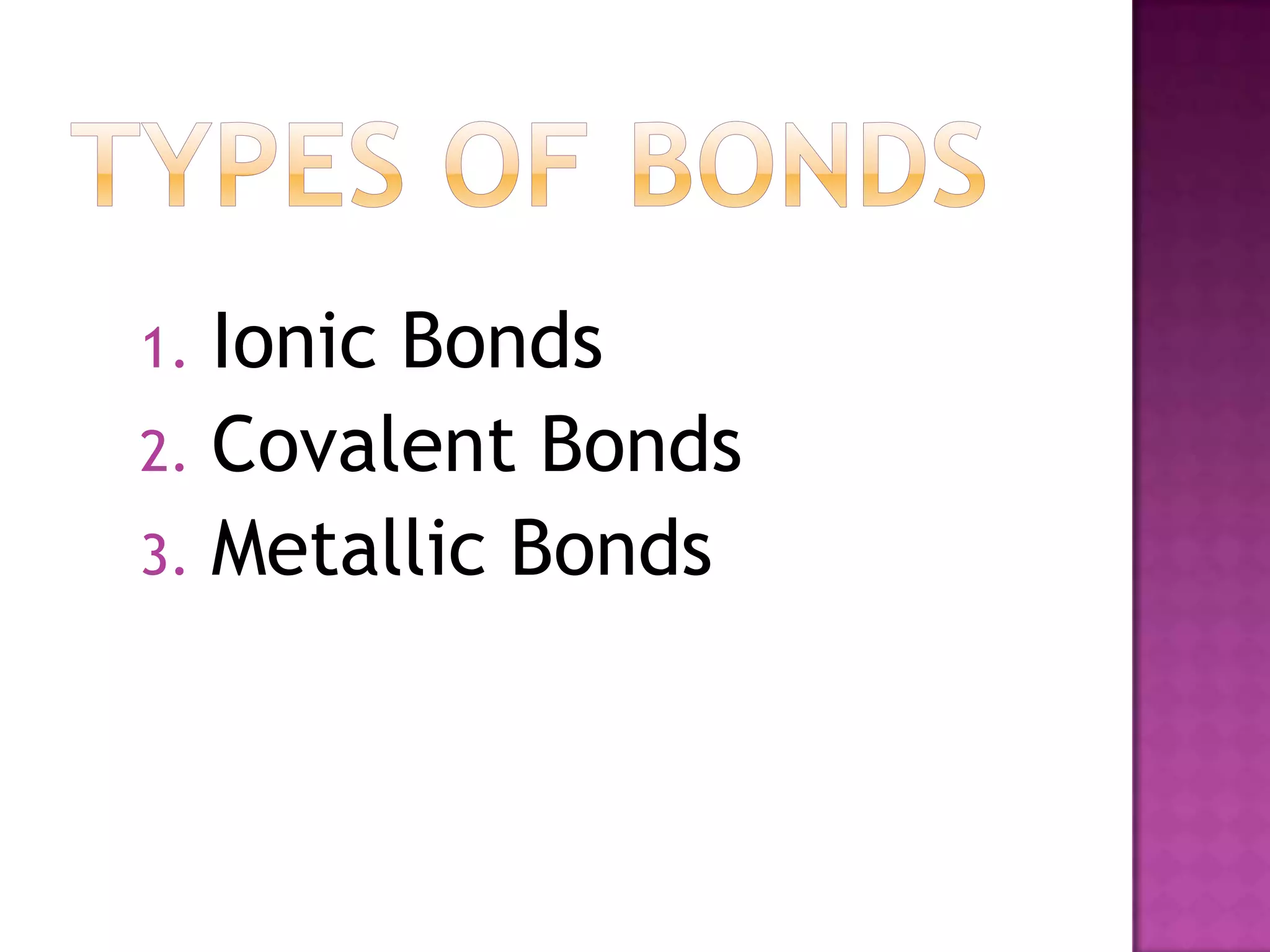 1. Ionic Bonds
2. Covalent Bonds
3. Metallic Bonds
 