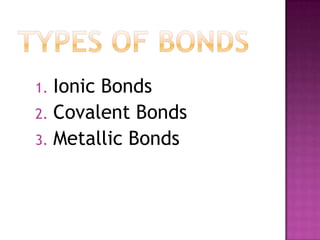 1. Ionic Bonds
2. Covalent Bonds
3. Metallic Bonds
 