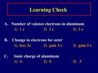Learning Check

A. Number of valence electrons in aluminum
    1) 1 e-         2) 2 e-          3) 3 e-

B.   Change in electrons for octet
      1) lose 3e-     2) gain 3 e-   3) gain 5 e-

C.    Ionic charge of aluminum
      1) 3-            2) 5-         3) 3+
 