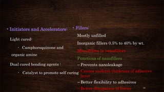 23
• Initiators and Accelerators:
Light cured:
- Camphoroquinone and
organic amine
Dual cured bonding agents :
- Catalyst to promote self curing
• Fillers:
Mostly unfilled
Inorganic fillers 0.5% to 40% by wt.
Microfillers or nanofillers
Functions of nanofillers
– Prevents nanoleakage
– Causes uniform thickness of adhesive
layer
– Better flexibility to adhesives
– Better dissipation of forces
 