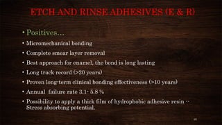 65
ETCH AND RINSE ADHESIVES (E & R)
• Positives…
• Micromechanical bonding
• Complete smear layer removal
• Best approach for enamel, the bond is long lasting
• Long track record (>20 years)
• Proven long-term clinical bonding effectiveness (>10 years)
• Annual failure rate 3.1- 5.8 %
• Possibility to apply a thick film of hydrophobic adhesive resin --
Stress absorbing potential.
 