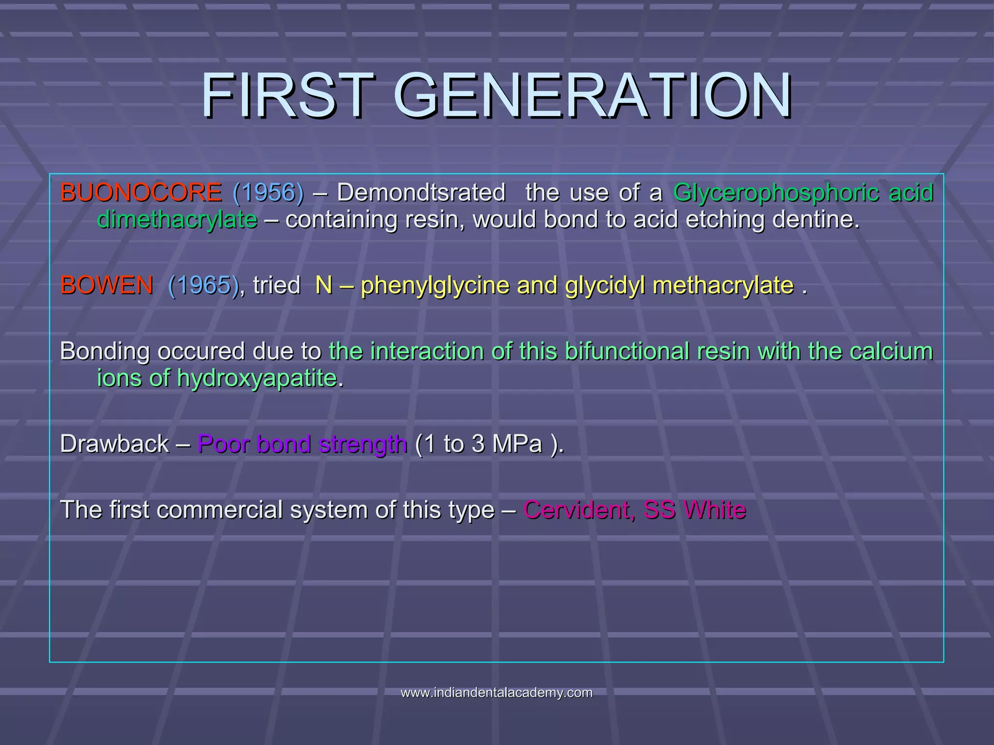 FIRST GENERATIONFIRST GENERATION
BUONOCOREBUONOCORE (1956)(1956) – Demondtsrated the use of a– Demondtsrated the use of a Glycerophosphoric acidGlycerophosphoric acid
dimethacrylatedimethacrylate – containing resin, would bond to acid etching dentine.– containing resin, would bond to acid etching dentine.
BOWENBOWEN (1965)(1965), tried, tried NN –– phenylglycine and glycidyl methacrylatephenylglycine and glycidyl methacrylate ..
Bonding occured due toBonding occured due to the interaction of this bifunctional resin with the calciumthe interaction of this bifunctional resin with the calcium
ions of hydroxyapatiteions of hydroxyapatite..
Drawback –Drawback – Poor bond strengthPoor bond strength (1 to 3 MPa ).(1 to 3 MPa ).
The first commercial system of this type –The first commercial system of this type – Cervident, SS WhiteCervident, SS White
www.indiandentalacademy.comwww.indiandentalacademy.com
 