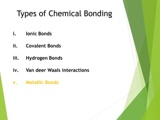 Types of Chemical Bonding
i. Ionic Bonds
ii. Covalent Bonds
iii. Hydrogen Bonds
iv. Van deer Waals interactions
v. Metallic Bonds
 