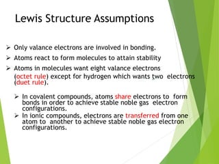 Lewis Structure Assumptions
 Only valance electrons are involved in bonding.
 Atoms react to form molecules to attain stability
 Atoms in molecules want eight valance electrons
(octet rule) except for hydrogen which wants two electrons
(duet rule).
 In covalent compounds, atoms share electrons to form
bonds in order to achieve stable noble gas electron
configurations.
 In ionic compounds, electrons are transferred from one
atom to another to achieve stable noble gas electron
configurations.
 