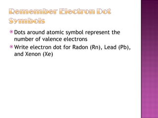 Dots around atomic symbol represent the number of valence electrons Write electron dot for Radon (Rn), Lead (Pb), and Xenon (Xe) 