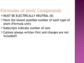 MUST BE ELECTRICALLY NEUTRAL (0) Have the lowest possible number of each type of atom (Formula unit) Subscripts indicate number of ions Cations always written first and charges are not included!! 