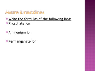 Write the formulas of the following ions: Phosphate ion Ammonium ion Permanganate ion 