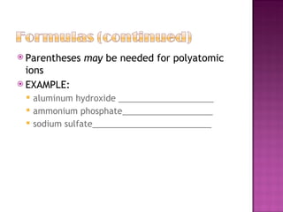 Parentheses  may  be needed for polyatomic ions EXAMPLE: aluminum hydroxide ____________________ ammonium phosphate___________________ sodium sulfate_________________________ 