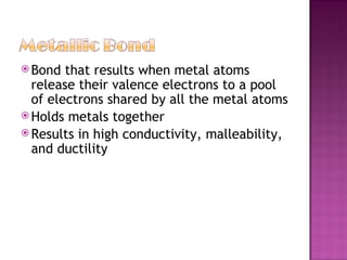 Bond that results when metal atoms release their valence electrons to a pool of electrons shared by all the metal atoms  Holds metals together Results in high conductivity, malleability, and ductility 