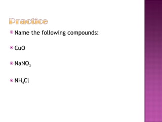 Name the following compounds: CuO NaNO 3 NH 4 Cl 