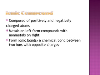 Composed of positively and negatively  charged atoms Metals on left form compounds with nonmetals on right Form  ionic bonds-  a chemical bond between two ions with opposite charges 