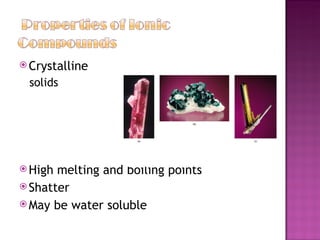 Crystalline solids High melting and boiling points Shatter May be water soluble 