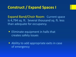 Construct / Expand Spaces I
Expand Band/Choir Room: Current space
is 4,794 sq. ft. Several thousand sq. ft. less
than adequate for occupancy.
 Eliminate equipment in halls that
creates safety issues
 Ability to add appropriate exits in case
of emergency
 